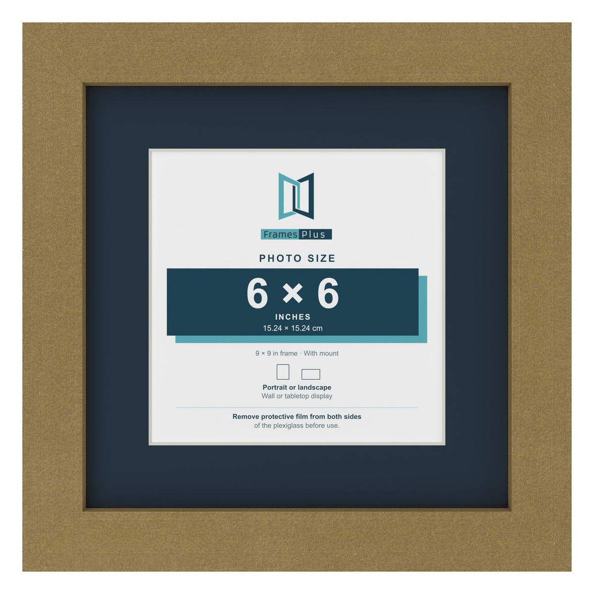 Gold 9 x 9 inch picture frame with a Pacific Blue mount for a 6 x 6 inch photo