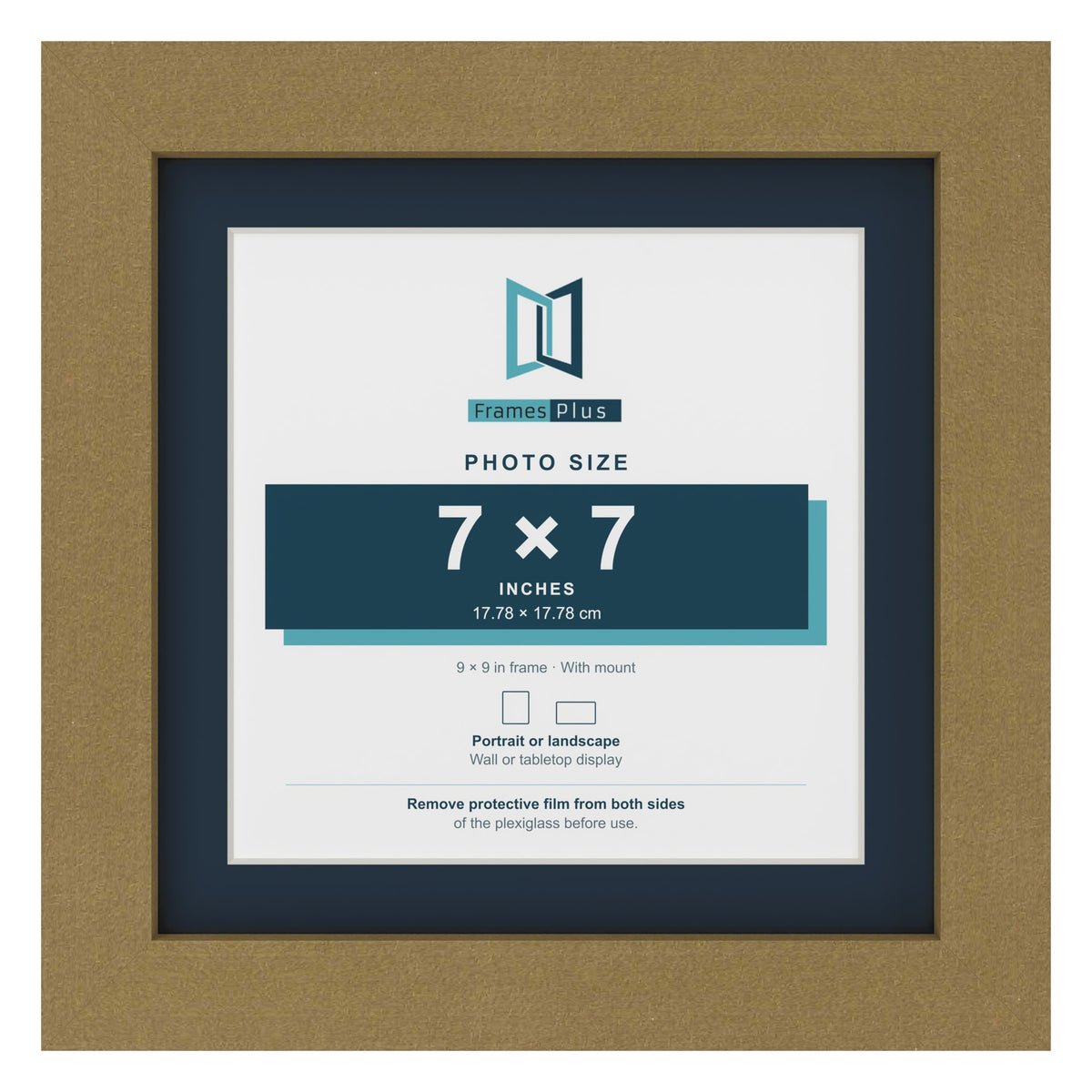 Gold 9 x 9 inch picture frame with a Pacific Blue mount for a 7 x 7 inch photo
