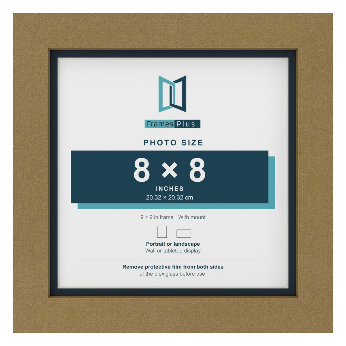 Gold 9 x 9 inch picture frame with a Pacific Blue mount for an 8 x 8 inch photo