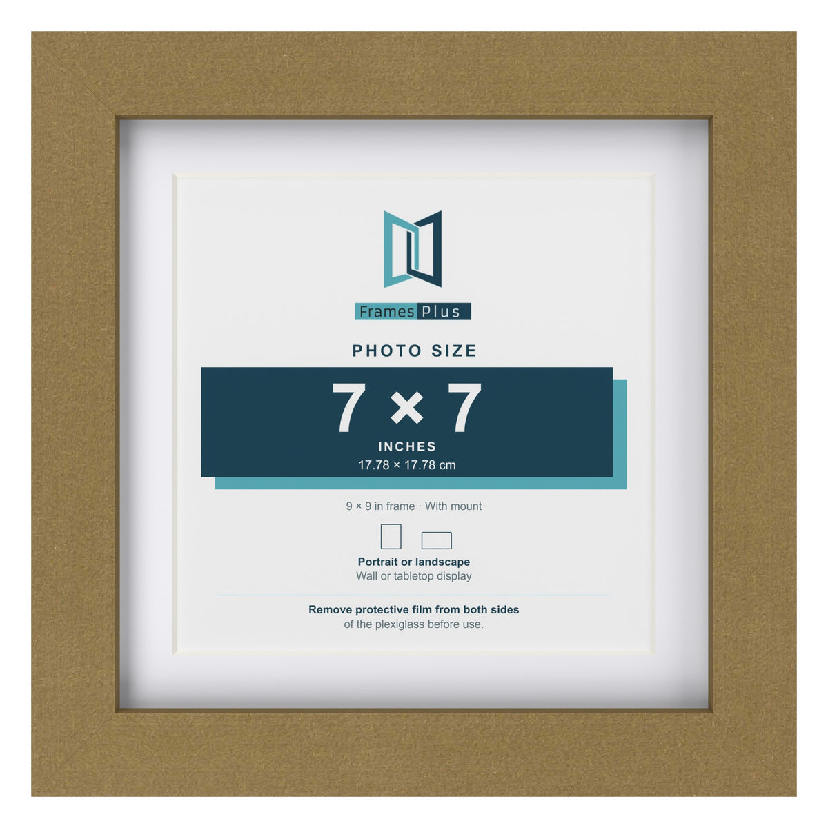 Gold 9 x 9 inch picture frame with a white mount for a 7 x 7 inch photo