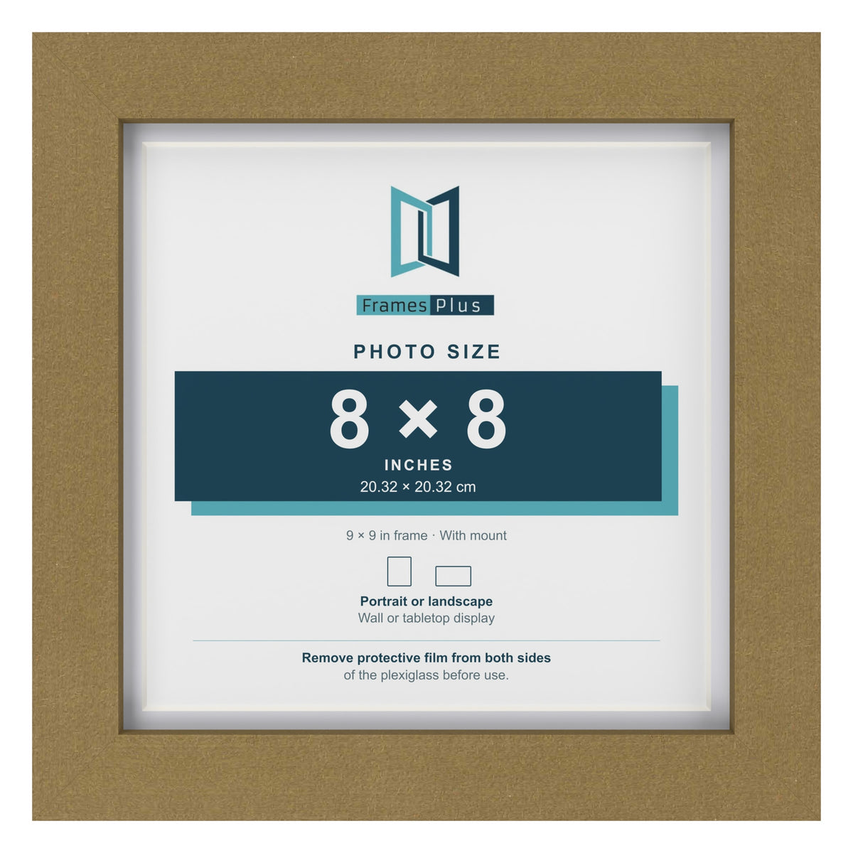 Gold 9 x 9 inch picture frame with a white mount for a 8 x 8 inch photo