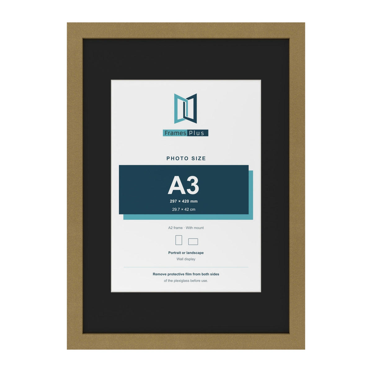 Gold A2 picture frame with a black mount for an A3 photo