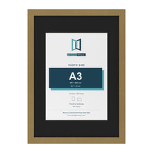 Gold A2 picture frame with a black mount for an A3 photo