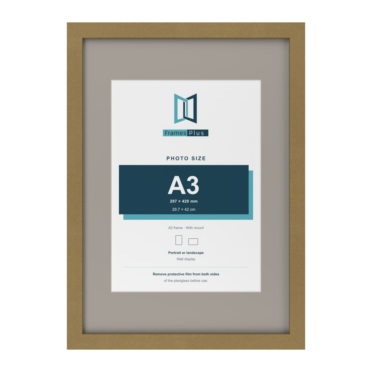 Gold A2 picture frame with a Dawn Grey mount for an A3 photo