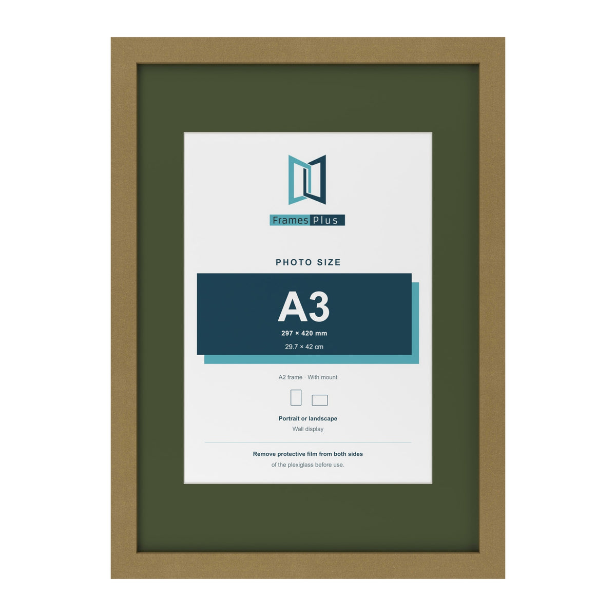 Gold A2 picture frame with a green mount for an A3 photo