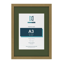 Gold A2 picture frame with a green mount for an A3 photo