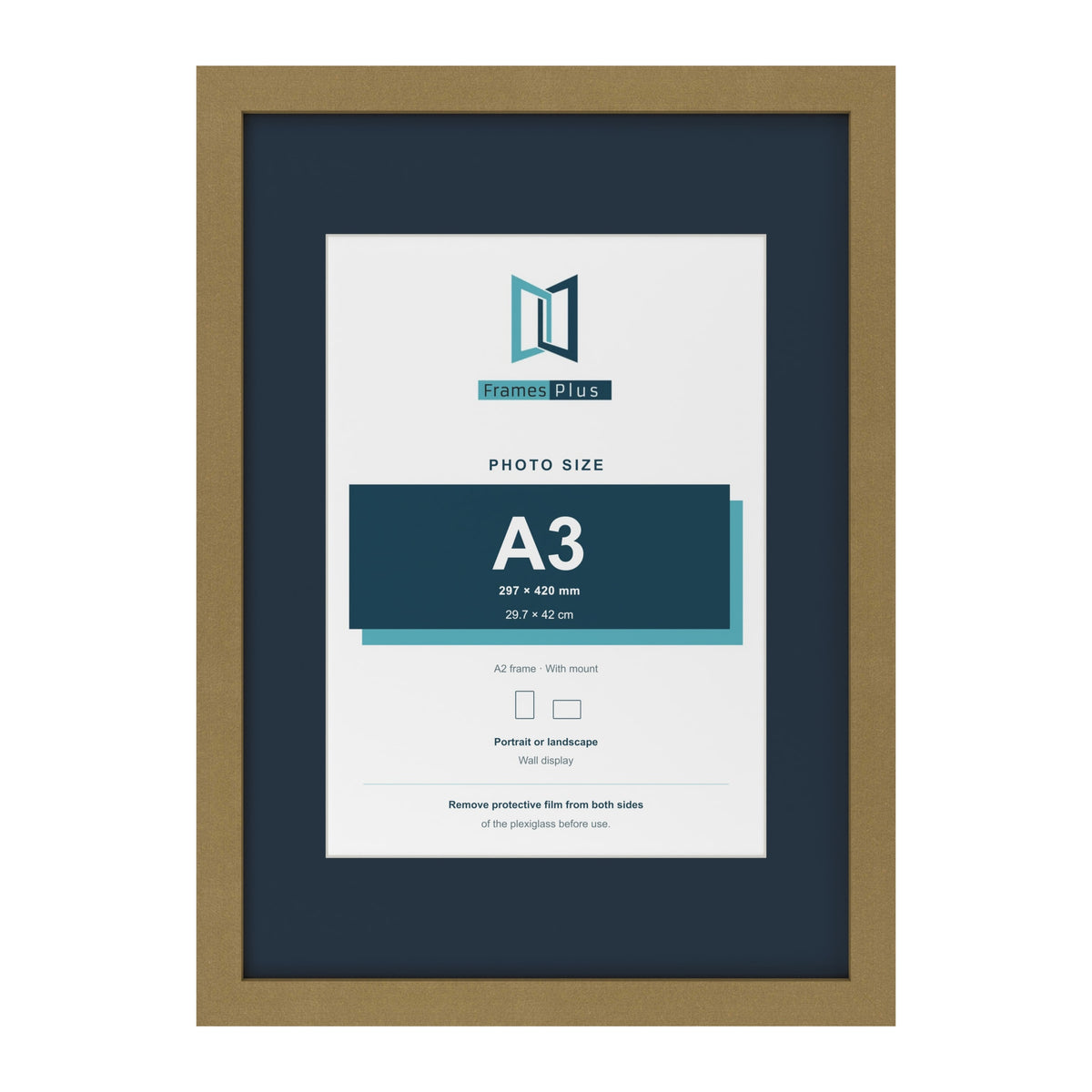 Gold A2 picture frame with a Pacific Blue mount for an A3 photo