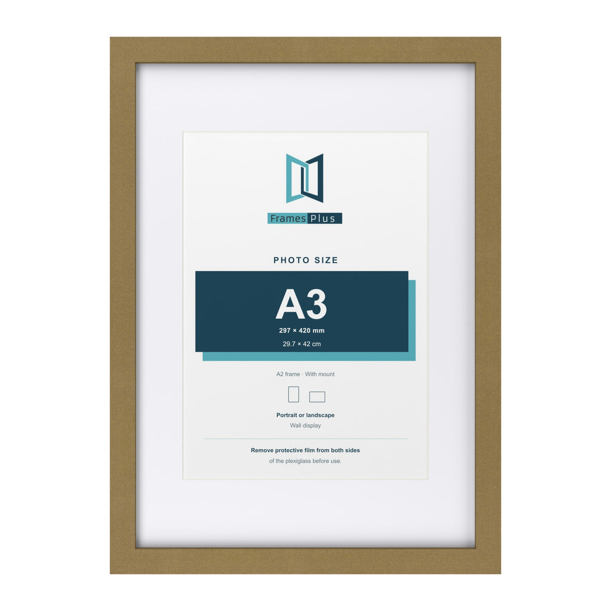 Gold A2 picture frame with a white mount for an A3 photo