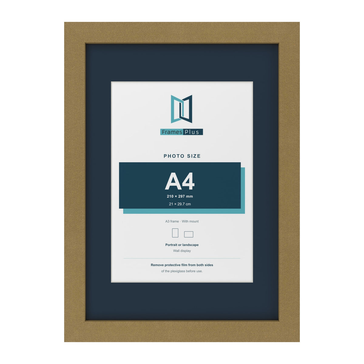 Gold A3 picture frame with a Pacific Blue mount for an A4 photo