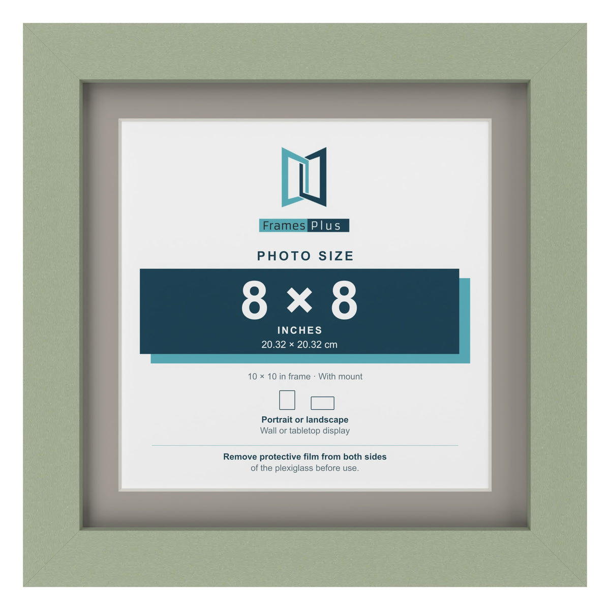 Green 10 x 10 inch picture frame with a Dawn Grey mount for an 8 x 8 inch photo