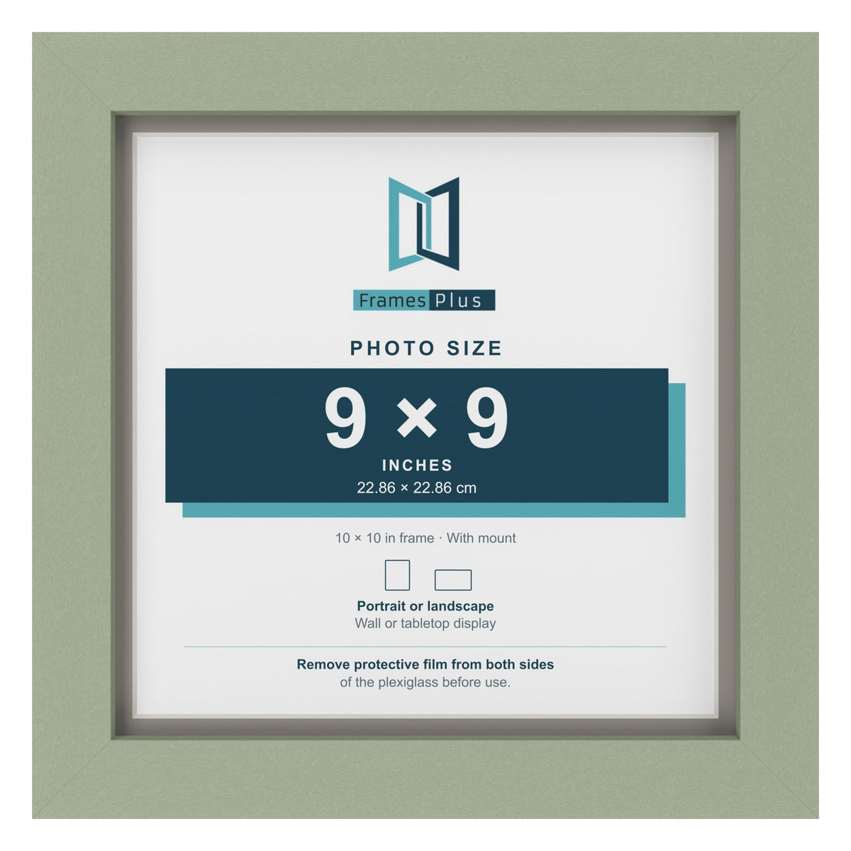 Green 10 x 10 inch picture frame with a Dawn Grey mount for a 9 x 9 inch photo