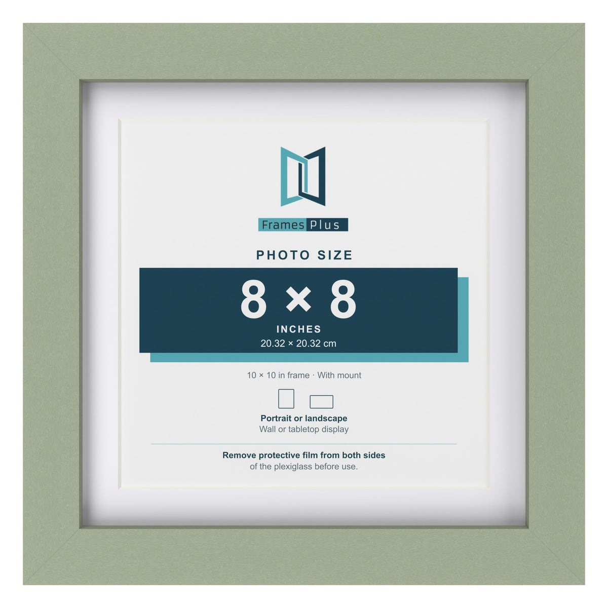 Green 10 x 10 inch picture frame with a white mount for a 8 x 8 inch photo