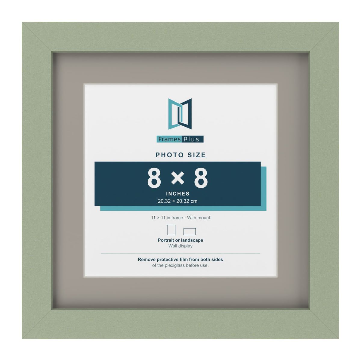 Green 11 x 11 inch picture frame with a Dawn Grey mount for an 8 x 8 inch photo