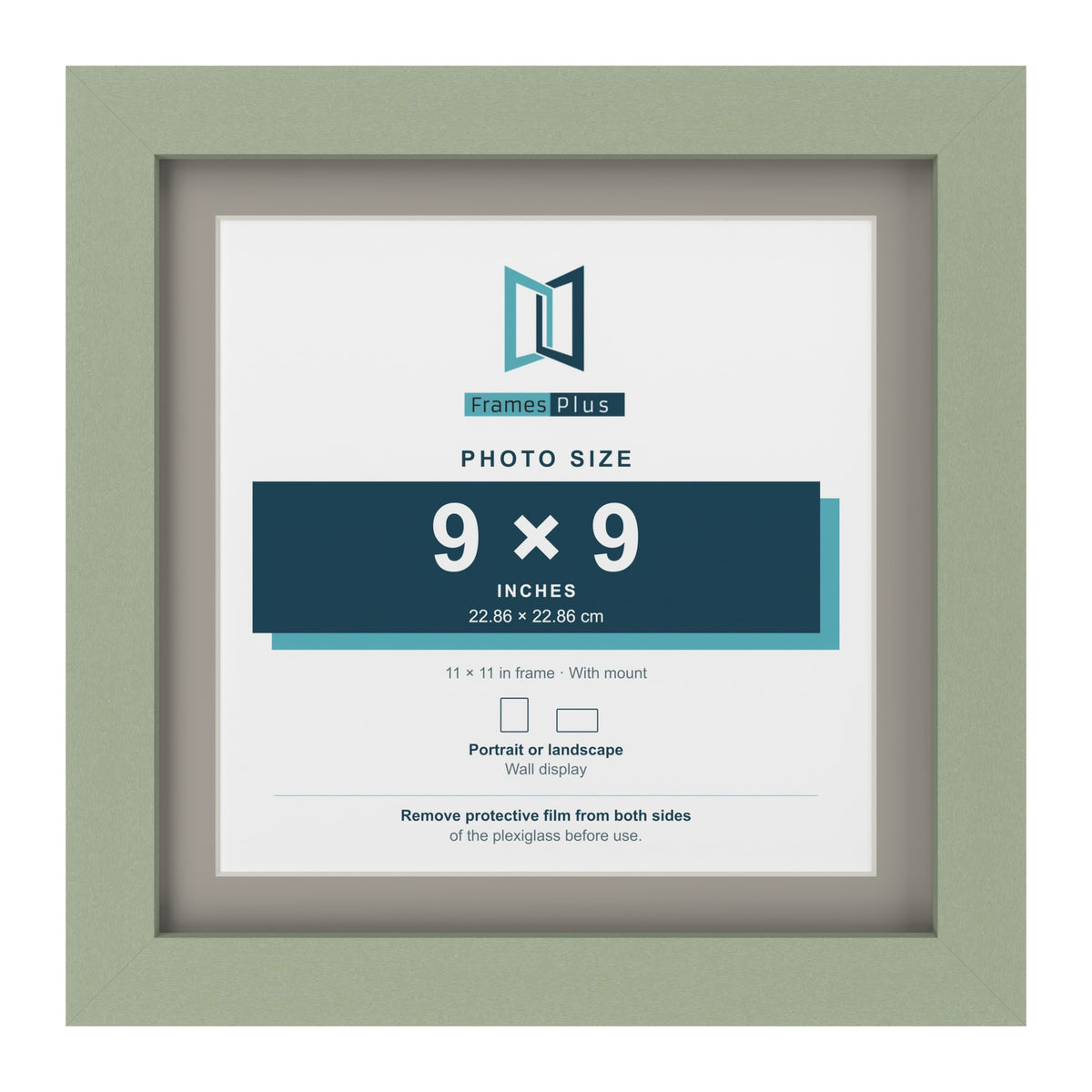 Green 11 x 11 inch picture frame with a Dawn Grey mount for a 9 x 9 inch photo