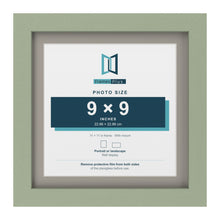 Green 11 x 11 inch picture frame with a Dawn Grey mount for a 9 x 9 inch photo