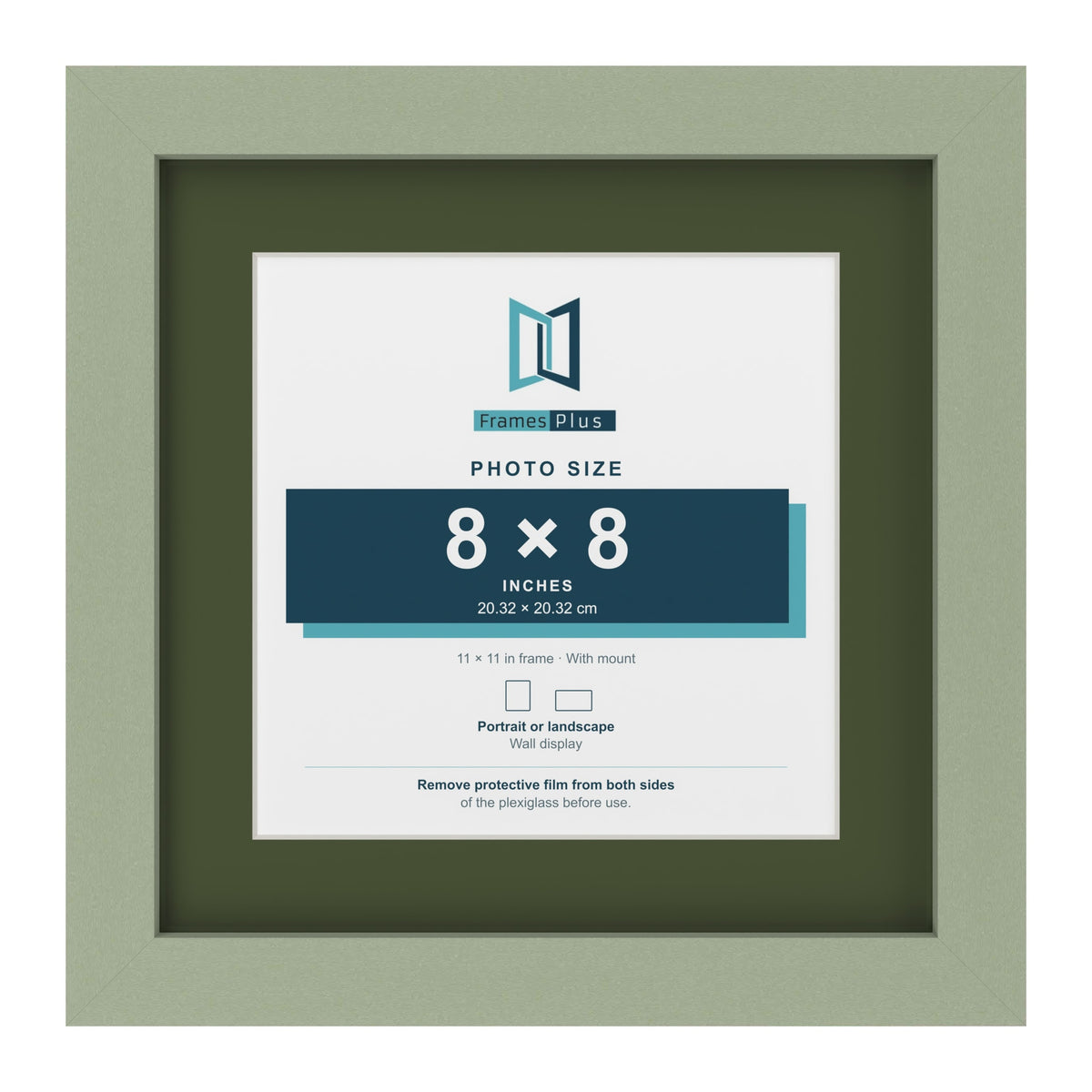 Green 11 x 11 inch picture frame with a green mount for an 8 x 8 inch photo