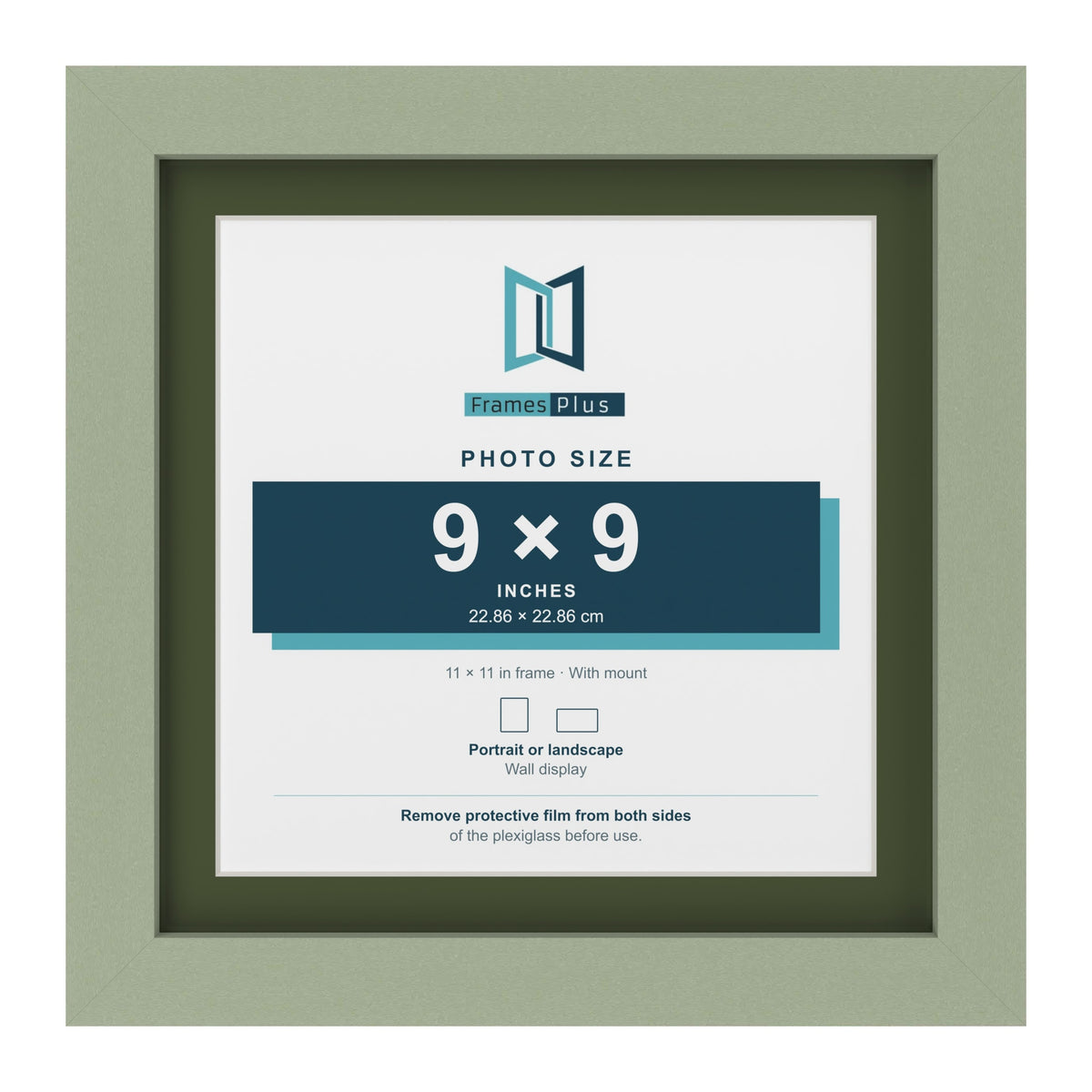 Green 11 x 11 inch picture frame with a green mount for a 9 x 9 inch photo