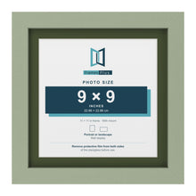 Green 11 x 11 inch picture frame with a green mount for a 9 x 9 inch photo