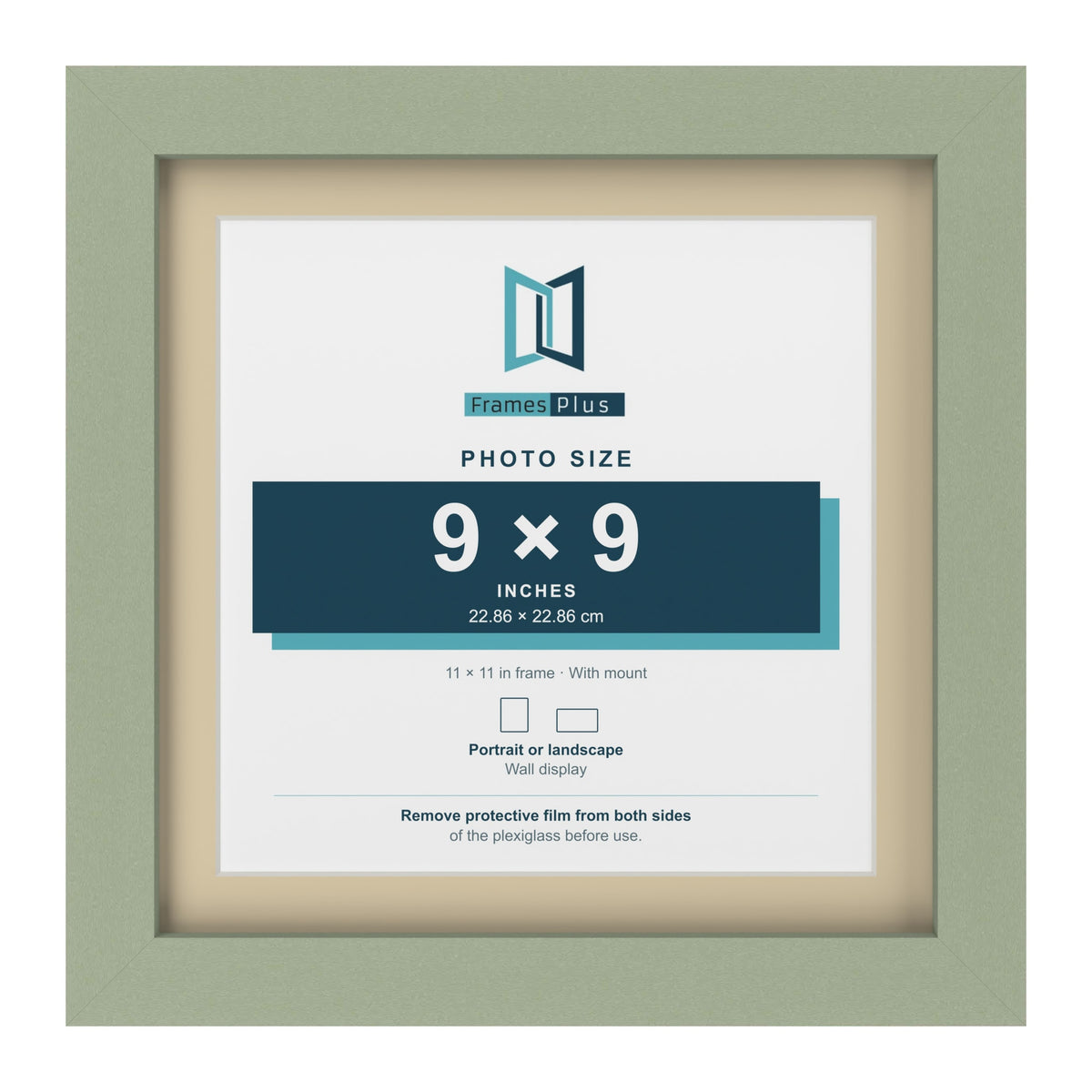 Green 11 x 11 inch picture frame with an ivory mount for a 9 x 9 inch photo