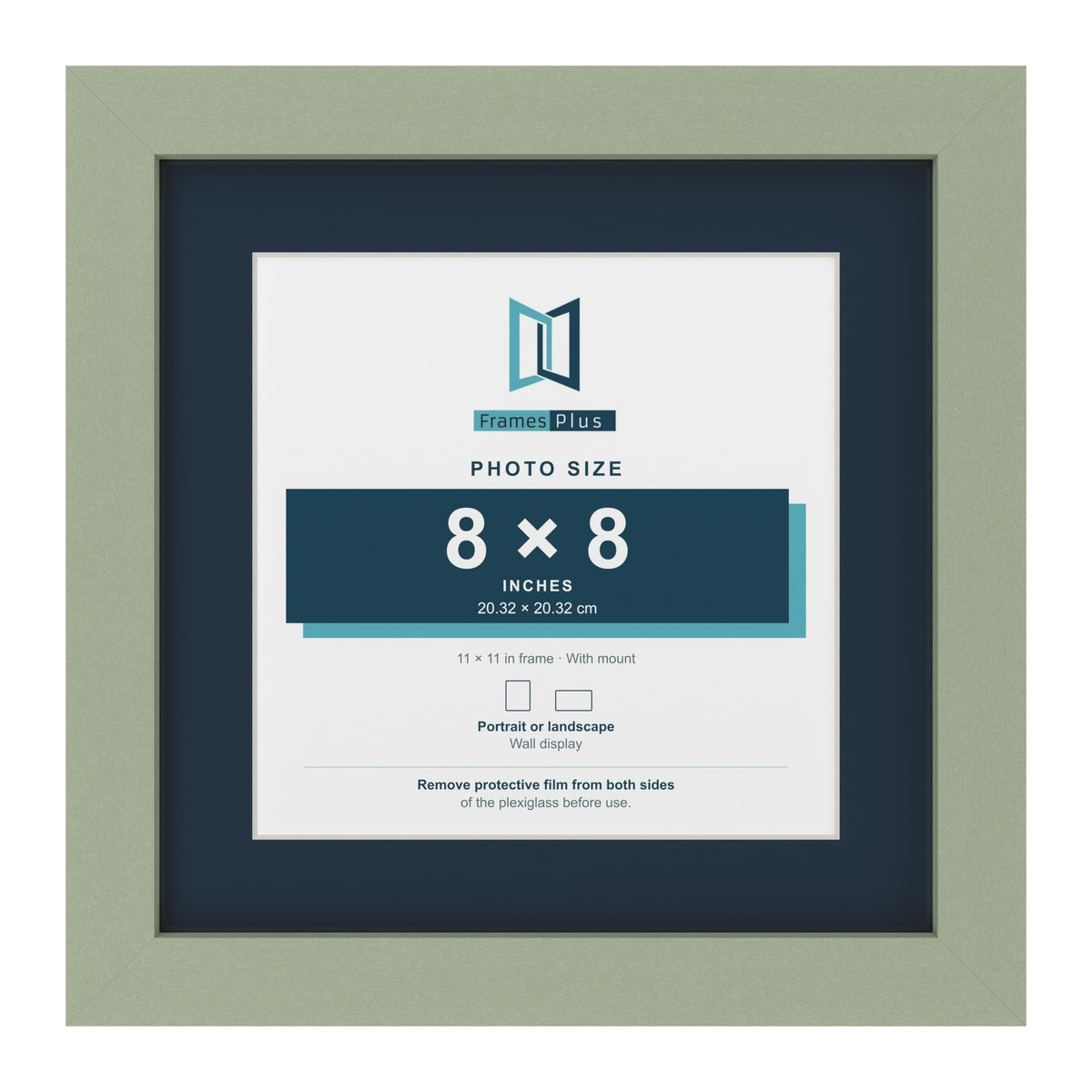 Green 11 x 11 inch picture frame with a Pacific Blue mount for an 8 x 8 inch photo