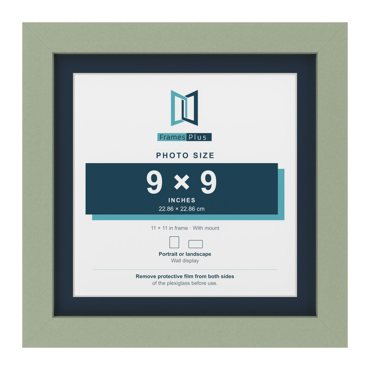 Green 11 x 11 inch picture frame with a Pacific Blue mount for a 9 x 9 inch photo