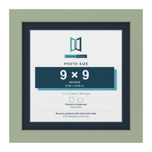 Green 11 x 11 inch picture frame with a Pacific Blue mount for a 9 x 9 inch photo