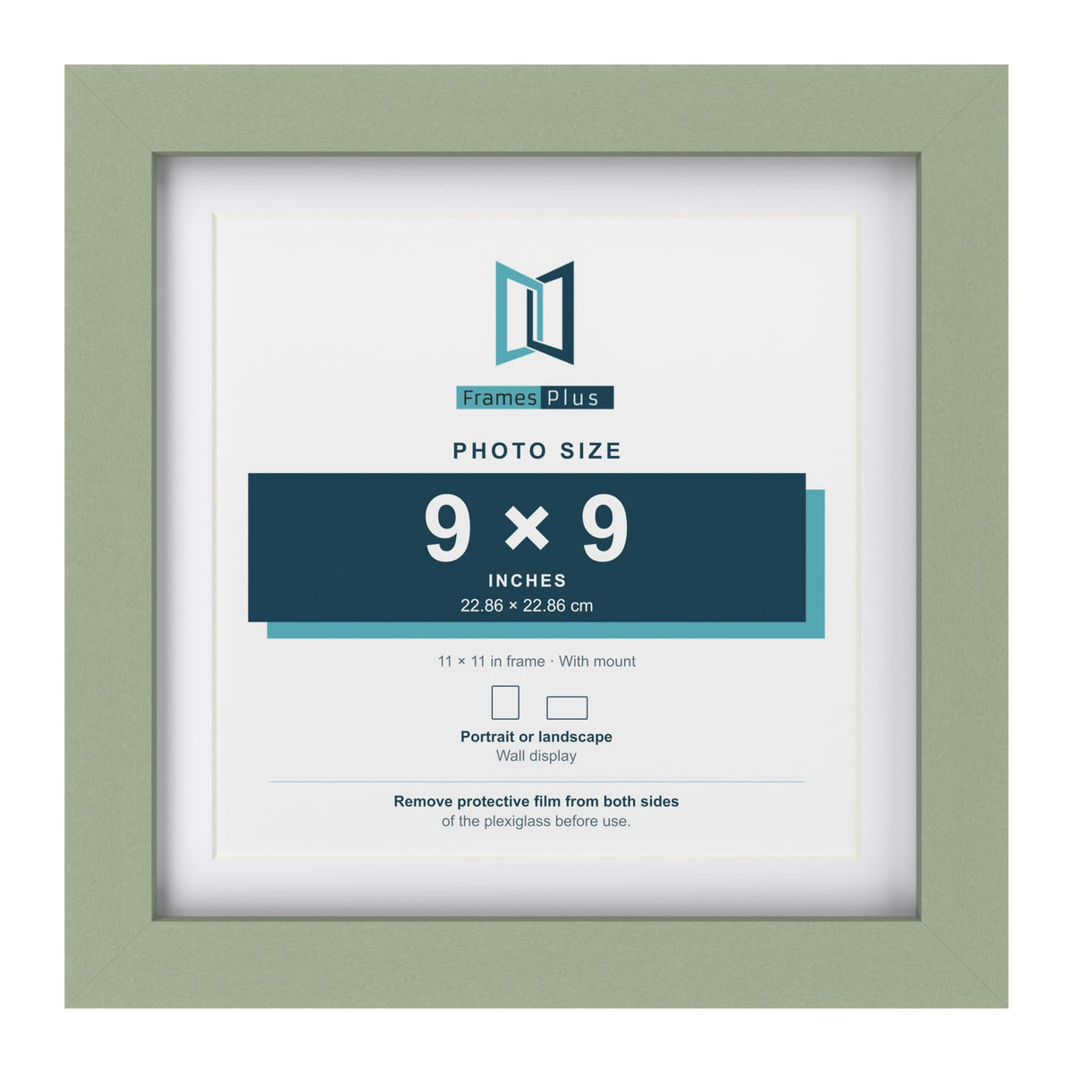 Green 11 x 11 inch picture frame with a white mount for a 9 x 9 inch photo