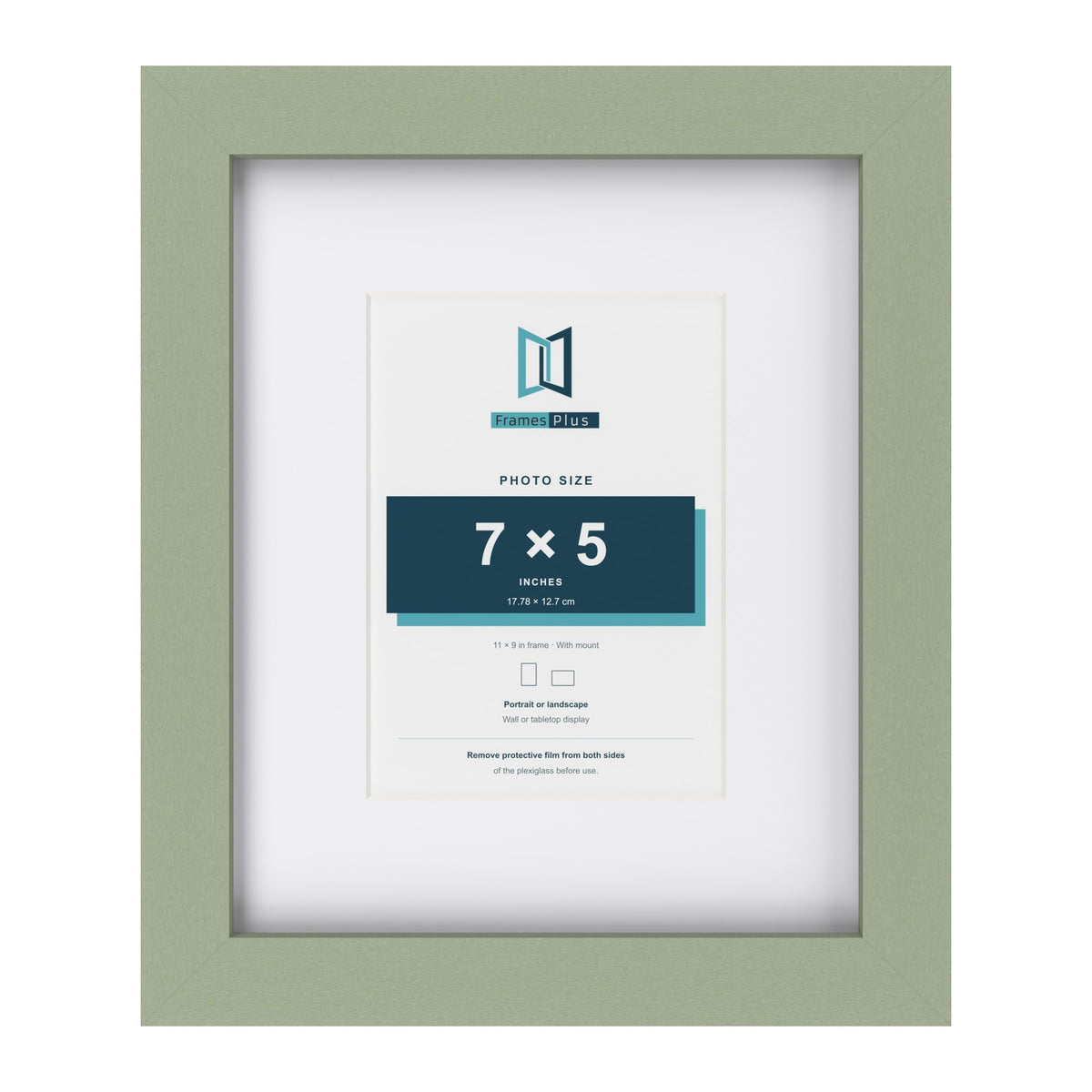 Green 11 x 9 inch picture frame with a white mount for a 7 x 5 inch photo