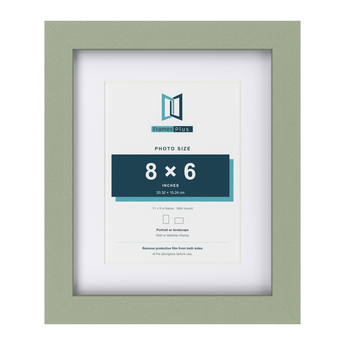 Green 11 x 9 inch picture frame with a white mount for an 8 x 6 inch photo