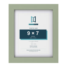 Green 11 x 9 inch picture frame with a white mount for a 9 x 7 inch photo