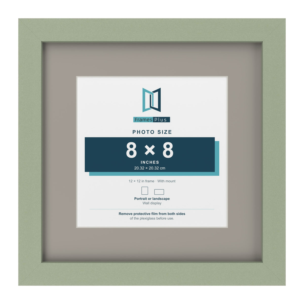 Green 12 x 12 inch picture frame with a Dawn Grey mount for an 8 x 8 inch photo
