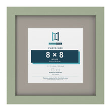 Green 12 x 12 inch picture frame with a Dawn Grey mount for an 8 x 8 inch photo