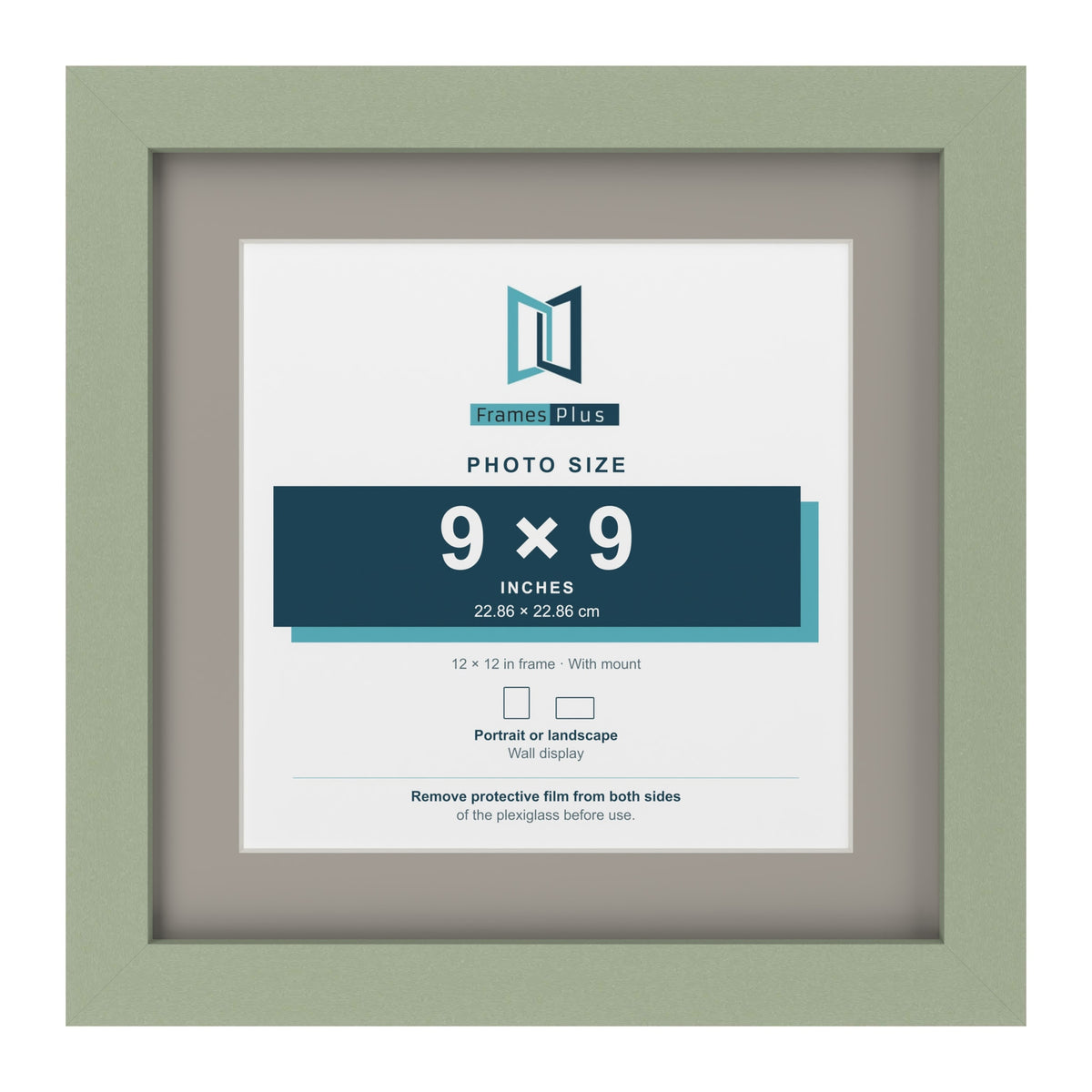Green 12 x 12 inch picture frame with a Dawn Grey mount for a 9 x 9 inch photo