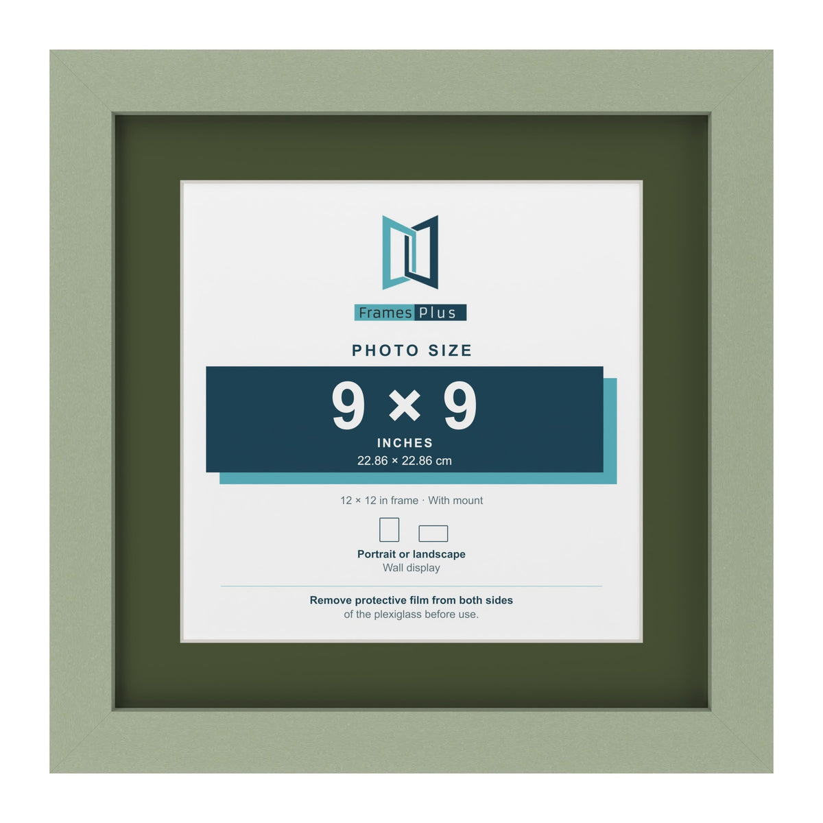 Green 12 x 12 inch picture frame with a green mount for a 9 x 9 inch photo