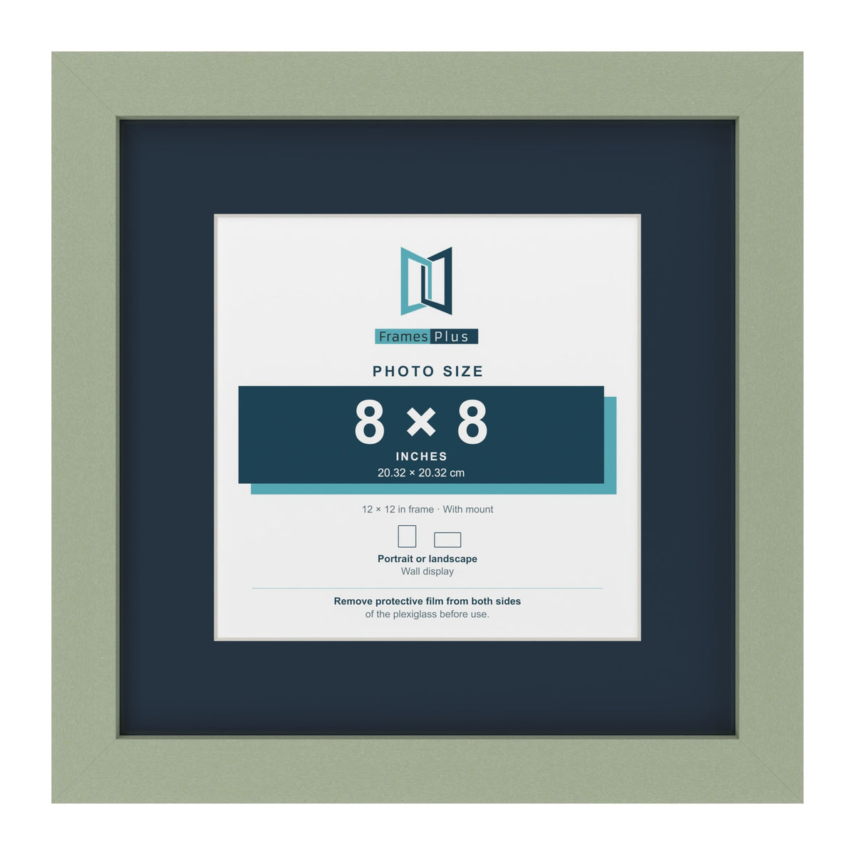 Green 12 x 12 inch picture frame with a Pacific Blue mount for an 8 x 8 inch photo
