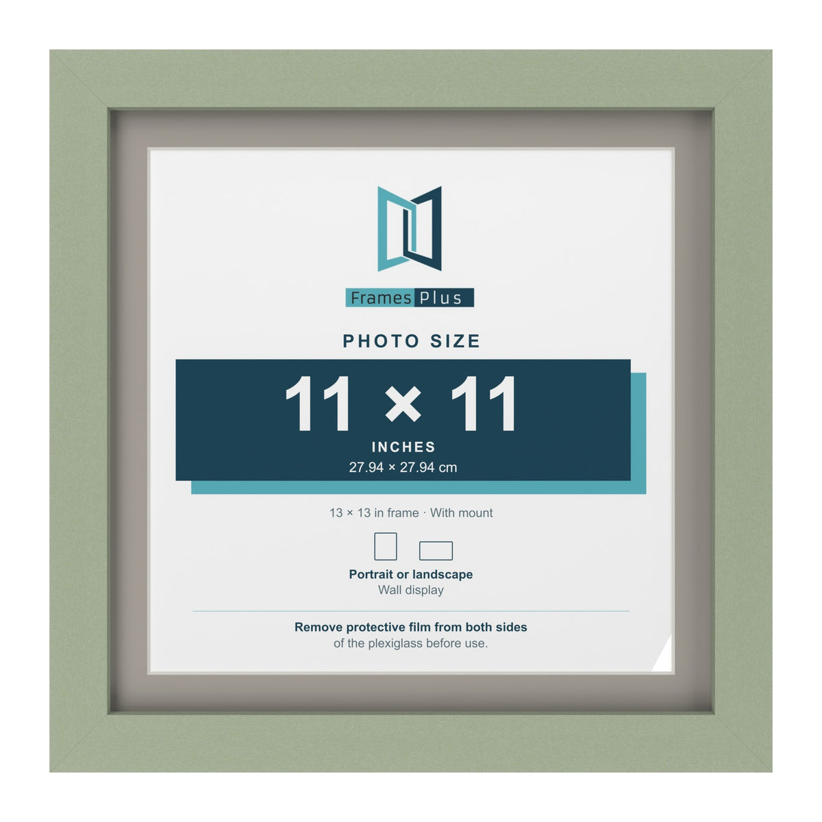 Green 13 x 13 inch picture frame with a Dawn Grey mount for an 11 x 11 inch photo