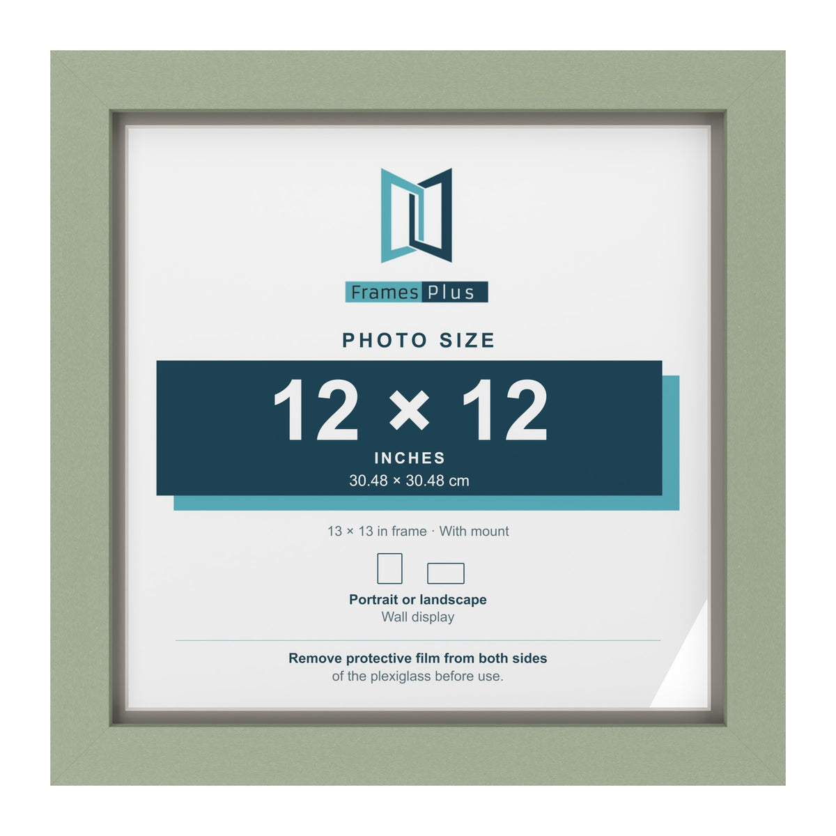 Green 13 x 13 inch picture frame with a Dawn Grey mount for a 12 x 12 inch photo