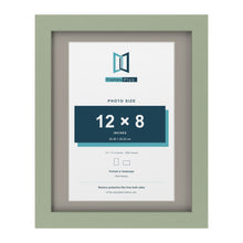 Green 14 x 11 inch picture frame with a Dawn Grey mount for a 12 x 8 inch photo