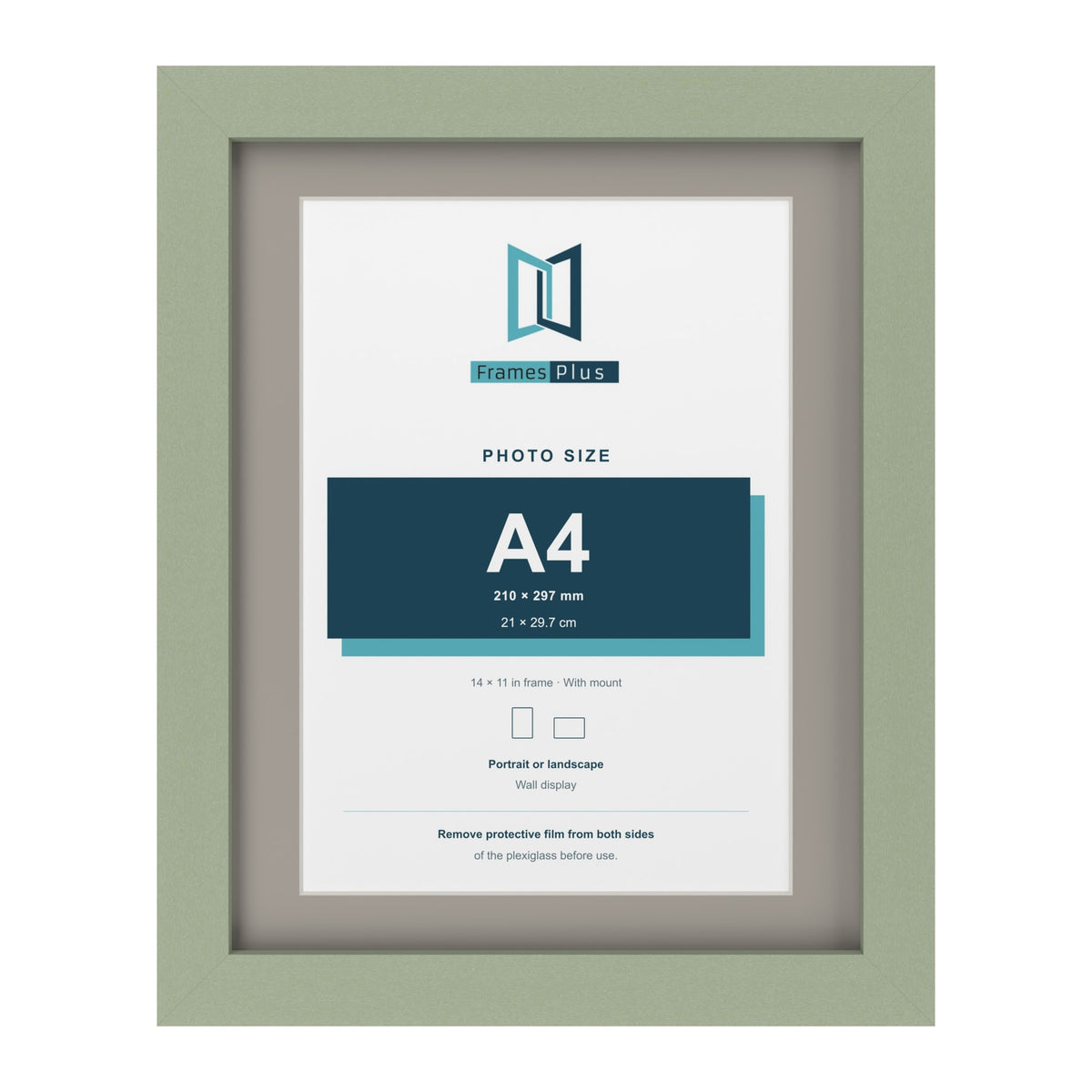 Green 14 x 11 inch picture frame with a Dawn Grey mount for an A4 photo
