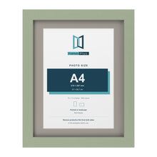 Green 14 x 11 inch picture frame with a Dawn Grey mount for an A4 photo