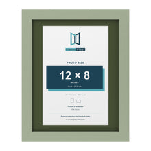 Green 14 x 11 inch picture frame with a green mount for a 12 x 8 inch photo
