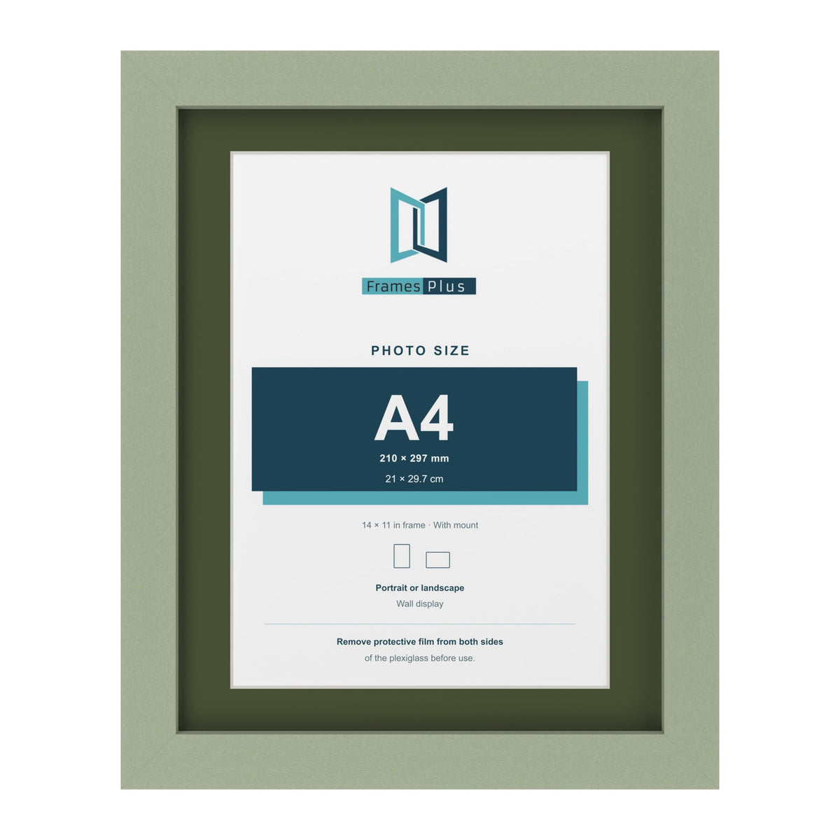 Green 14 x 11 inch picture frame with a green mount for an A4 photo
