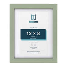 Green 14 x 11 inch picture frame with a white mount for a 12 x 8 inch photo