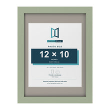 Green 16 x 12 inch picture frame with a Dawn Grey mount for a 12 x 10 inch photo