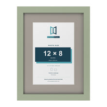 Green 16 x 12 inch picture frame with a Dawn Grey mount for a 12 x 8 inch photo