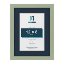 Green 16 x 12 inch picture frame with a Pacific Blue mount for a 12 x 8 inch photo