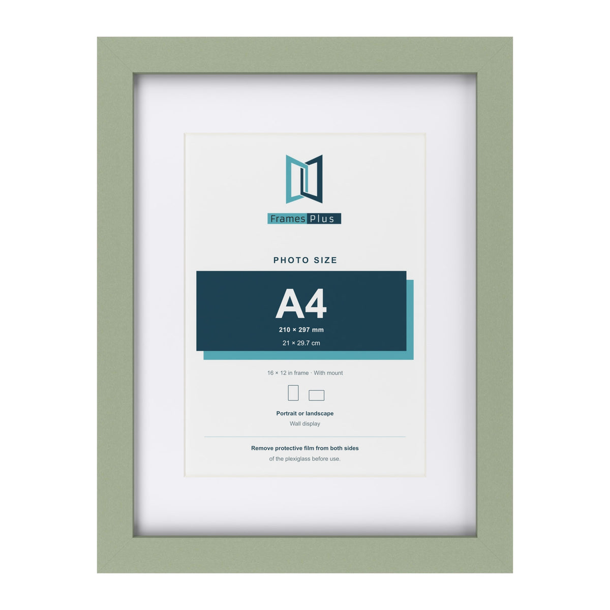 Green 16 x 12 inch picture frame with a white mount for an A4 photo