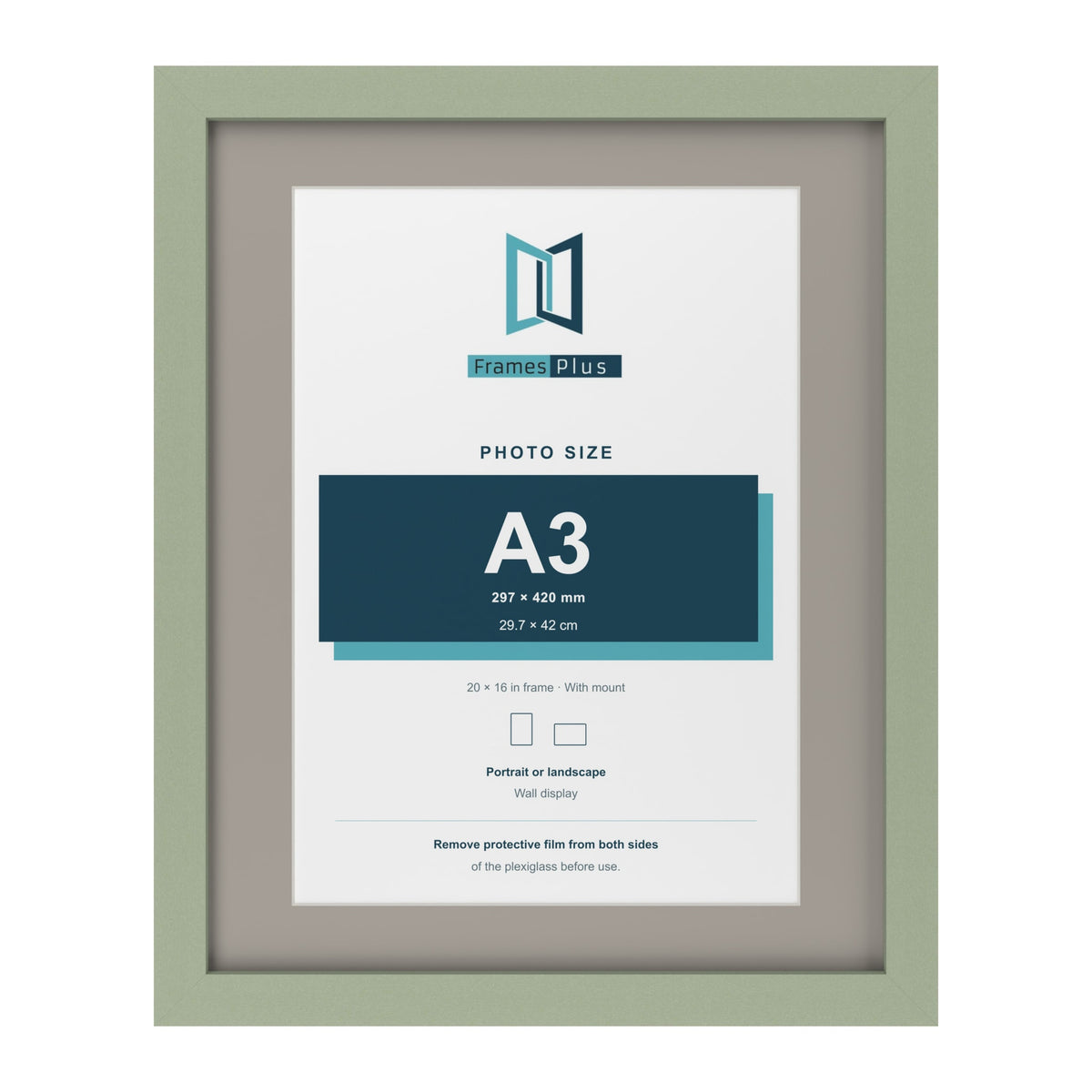 Green 20 x 16 inch picture frame with a Dawn Grey mount for an A3 photo
