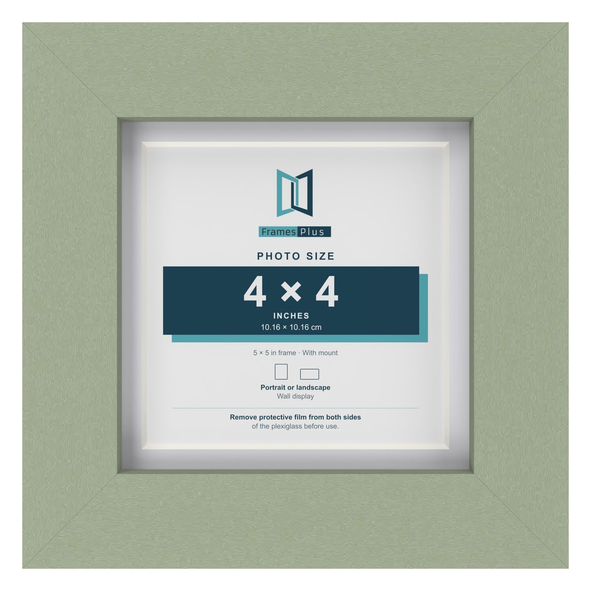 Green 5 x 5 inch picture frame with a white mount for a 4 x 4 inch photo