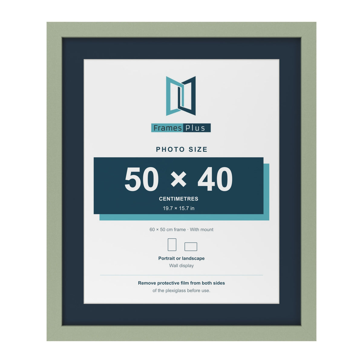 Green 60 x 50 cm picture frame with a Pacific Blue mount for a 50 x 40 cm photo